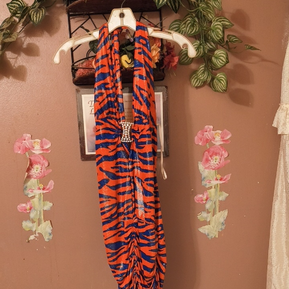 Vibrant Tiger Print Ruching Backless Halter Dress